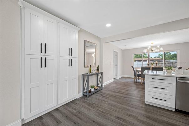 Dining room, Interior, Pendant Lights, Recessed Lighting, Wood Texture Flooring