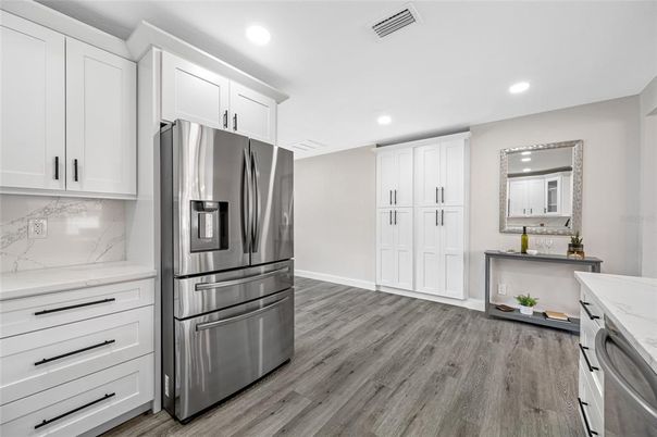 Interior, Kitchen, Recessed Lighting, Stainless Steel Appliances, Wood Texture Flooring