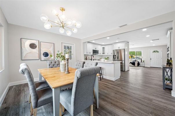Dining room, Interior, Kitchen, Pendant Lights, Recessed Lighting, Stainless Steel Appliances, Wood Texture Flooring