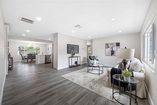 Dining room, Interior, Kitchen, Living room, Recessed Lighting, Wood Texture Flooring
