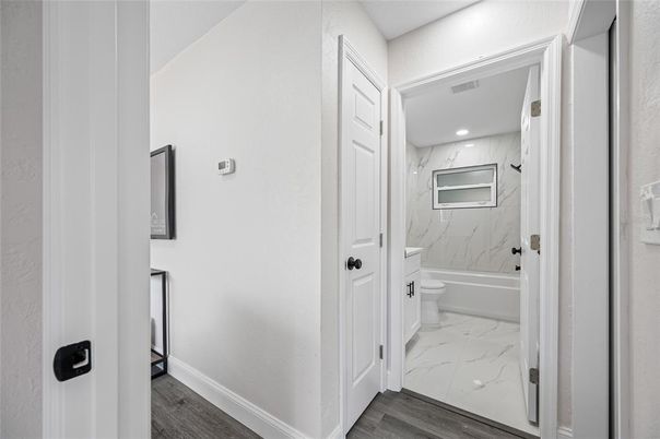 Bathroom, Interior, Marble, Marble Walls, Recessed Lighting, Wood Texture Flooring