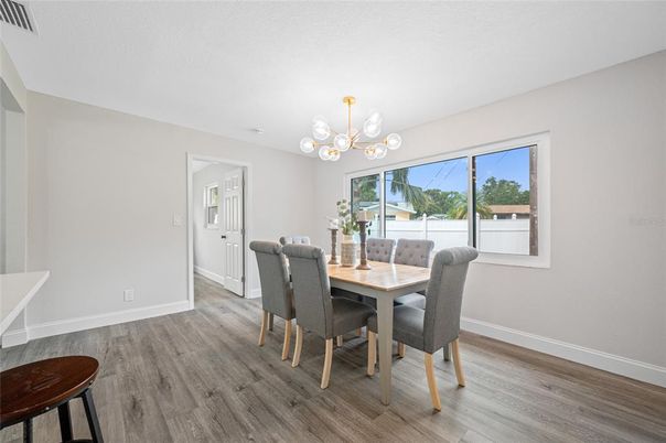 Dining room, Interior, Pendant Lights, Wood Texture Flooring