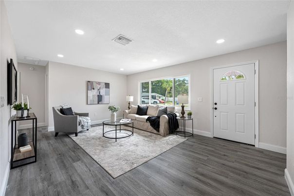 Interior, Living room, Recessed Lighting, Wood Texture Flooring