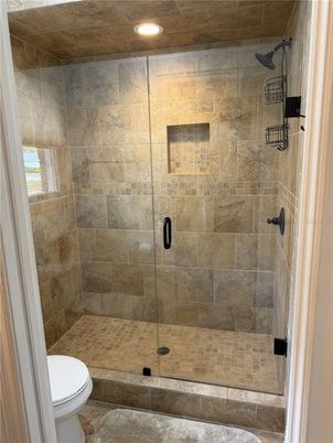 Bathroom, Glass Shower, Interior, Recessed Lighting, Stone Walls