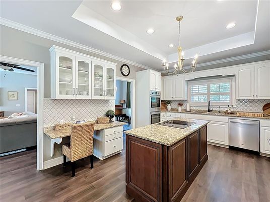 Chandelier, Interior, Kitchen, Recessed Lighting, Stainless Steel Appliances, Wood Texture Flooring