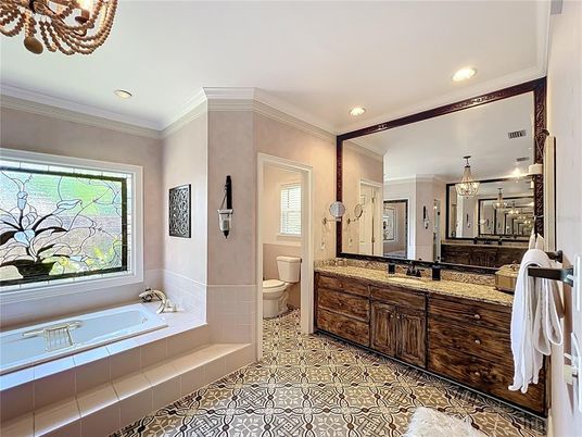 Bathroom, Chandelier, Dual Sink Vanities, Interior, Recessed Lighting