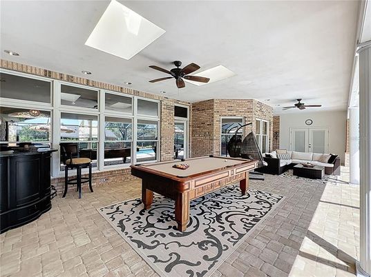 Billiard Table, Fireplace, Game Room, Interior, Recessed Lighting, Stone Walls