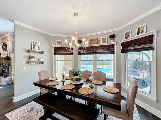 Chandelier, Dining room, Interior, Water, Wood Texture Flooring