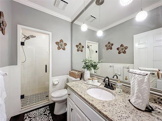 Bathroom, Glass Shower, Interior, Pendant Lights