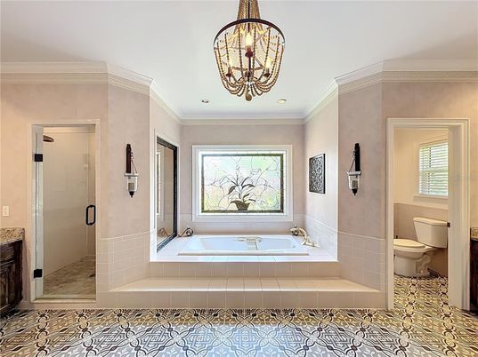 Bathroom, Chandelier, Glass Shower, Interior, Recessed Lighting
