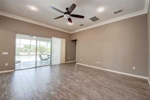 Empty room, Interior, Recessed Lighting, Wood Texture Flooring