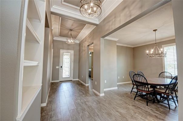 Chandelier, Dining room, Interior, Wood Texture Flooring