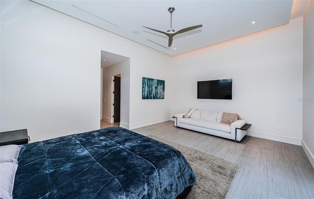 Bedroom, Interior, Recessed Lighting, Wood Texture Flooring