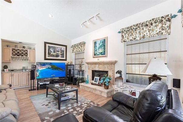 Fireplace, Interior, Living room, Recessed Lighting, Wood Texture Flooring