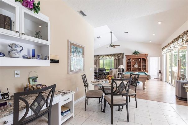 Billiard Table, Dining room, Game Room, Interior, Recessed Lighting, Wood Texture Flooring