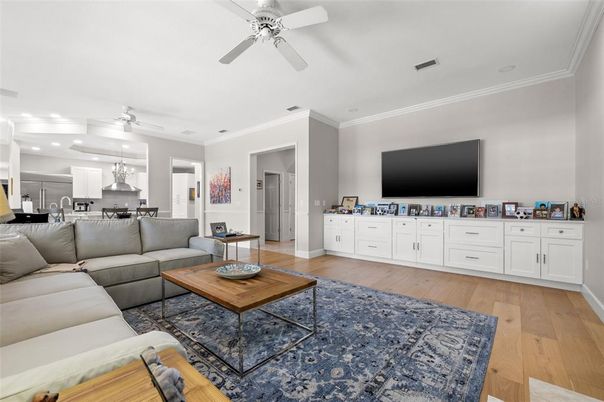 Interior, Kitchen, Living room, Recessed Lighting, Stainless Steel Appliances, Wood Texture Flooring