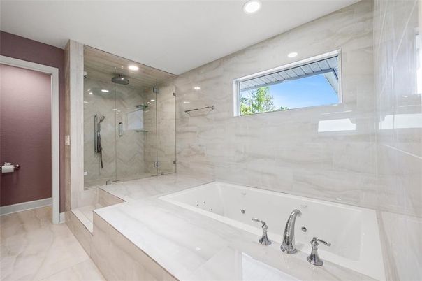 Bathroom, Glass Shower, Interior, Marble, Marble Walls, Recessed Lighting