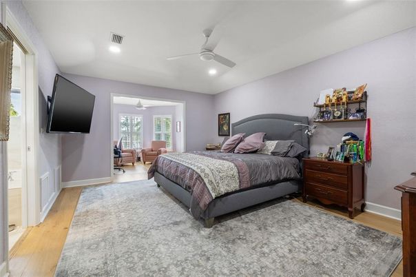 Bedroom, Interior, Recessed Lighting, Wood Texture Flooring