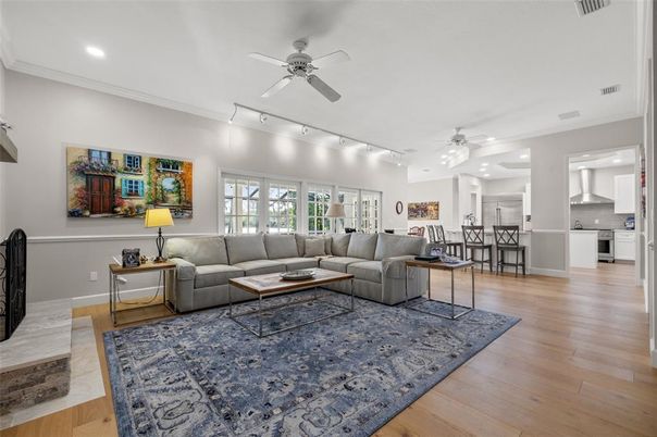 Dining room, Interior, Kitchen, Living room, Recessed Lighting, Wood Texture Flooring