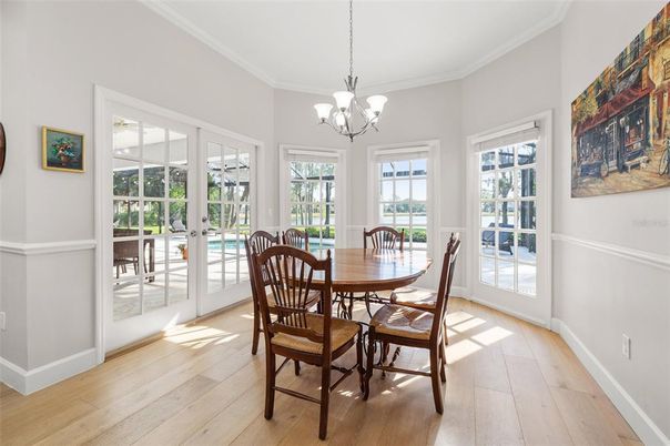 Chandelier, Dining room, Interior, Wood Texture Flooring