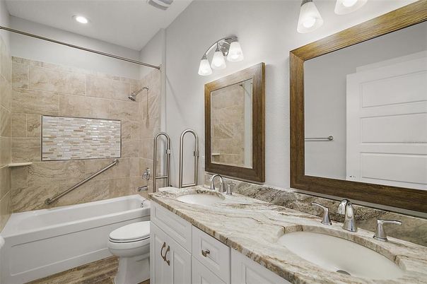 Bathroom, Dual Sink Vanities, Interior, Recessed Lighting, Wood Texture Flooring
