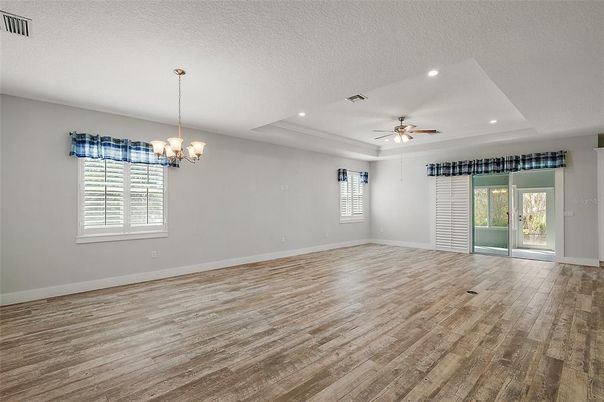 Chandelier, Empty room, Interior, Recessed Lighting, Wood Texture Flooring