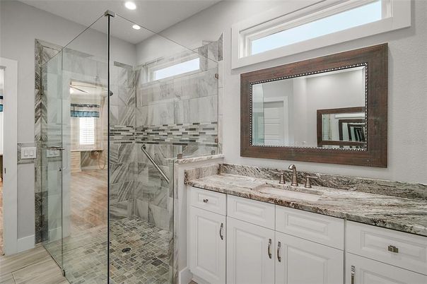 Bathroom, Glass Shower, Interior, Marble Walls, Recessed Lighting