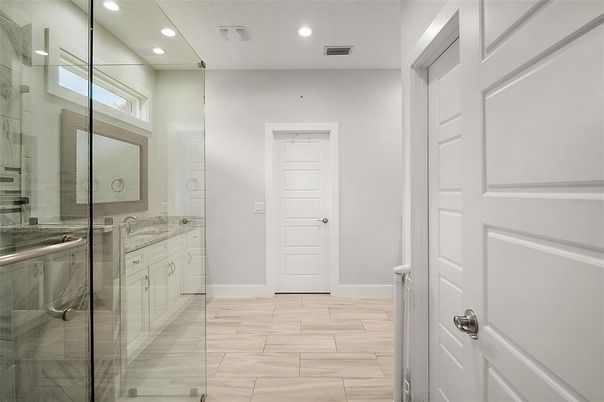Bathroom, Glass Shower, Interior, Recessed Lighting
