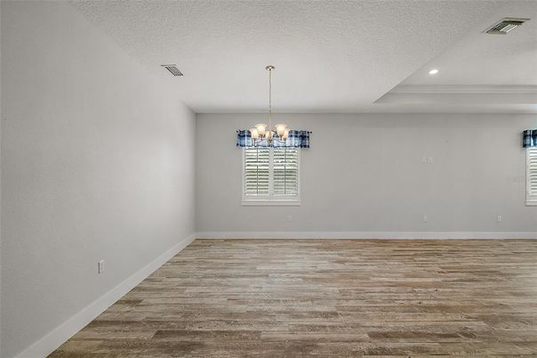 Chandelier, Empty room, Interior, Recessed Lighting, Wood Texture Flooring