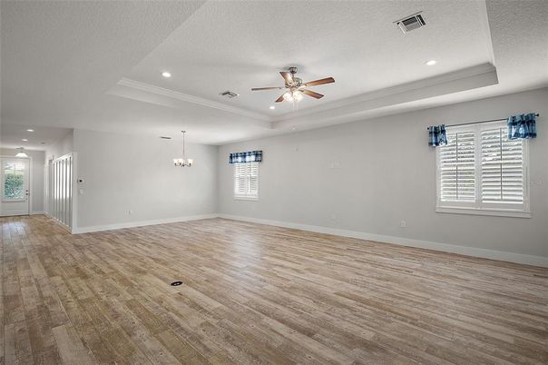 Chandelier, Empty room, Interior, Recessed Lighting, Wood Texture Flooring