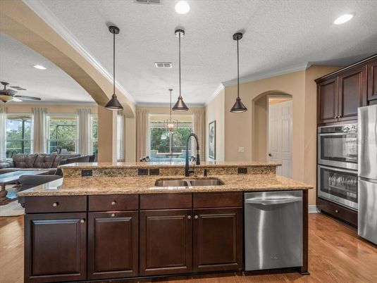 Interior, Kitchen, Living room, Pendant Lights, Recessed Lighting, Stainless Steel Appliances, Wood Texture Flooring