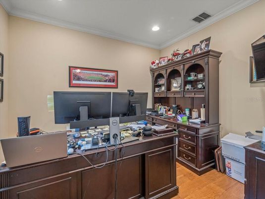 Home Office, Interior, Recessed Lighting, Wood Texture Flooring