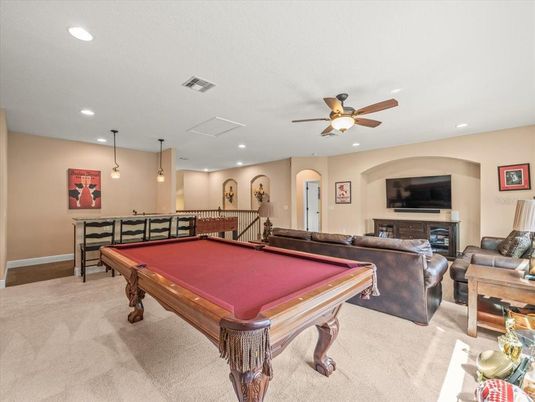 Billiard Table, Game Room, Interior, Living room, Pendant Lights, Recessed Lighting