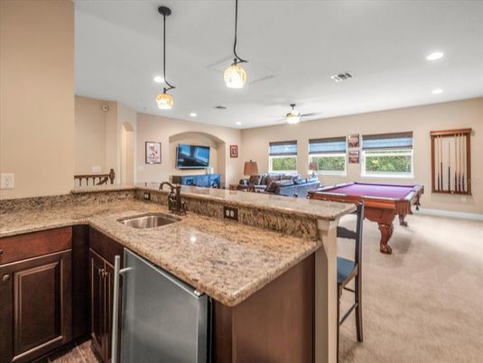 Billiard Table, Game Room, Interior, Pendant Lights, Recessed Lighting