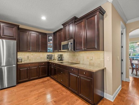 Interior, Kitchen, Recessed Lighting, Stainless Steel Appliances, Wood Texture Flooring
