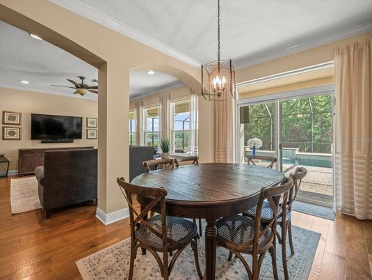 Dining room, Interior, Pendant Lights, Recessed Lighting, Wood Texture Flooring