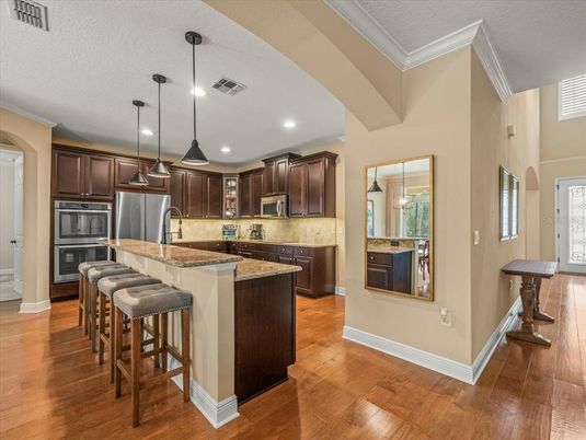 Interior, Kitchen, Pendant Lights, Recessed Lighting, Stainless Steel Appliances, Wood Texture Flooring