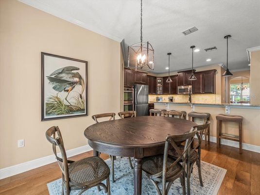 Dining room, Interior, Kitchen, Pendant Lights, Recessed Lighting, Stainless Steel Appliances, Wood Texture Flooring