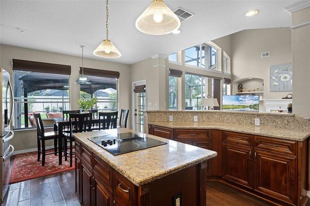 Dining room, Interior, Kitchen, Pendant Lights, Recessed Lighting, Wood Texture Flooring