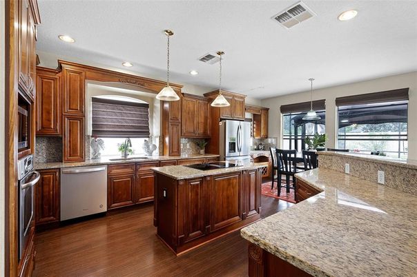 Dining room, Interior, Kitchen, Pendant Lights, Recessed Lighting, Stainless Steel Appliances, Wood Texture Flooring