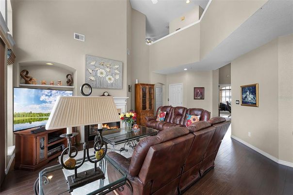 Fireplace, Interior, Living room, Recessed Lighting, Wood Texture Flooring