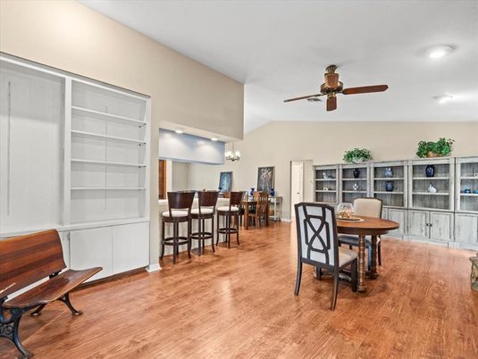 Chandelier, Dining room, Interior, Recessed Lighting, Wood Texture Flooring