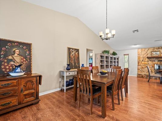 Chandelier, Dining room, Interior, Stone Walls, Wood Texture Flooring