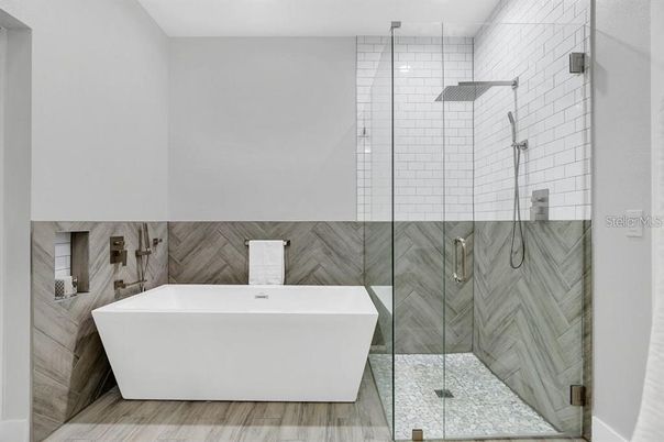 Bathroom, Free Standing Baths, Glass Shower, Interior, Wood Texture Flooring
