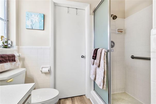 Bathroom, Glass Shower, Interior, Wood Texture Flooring