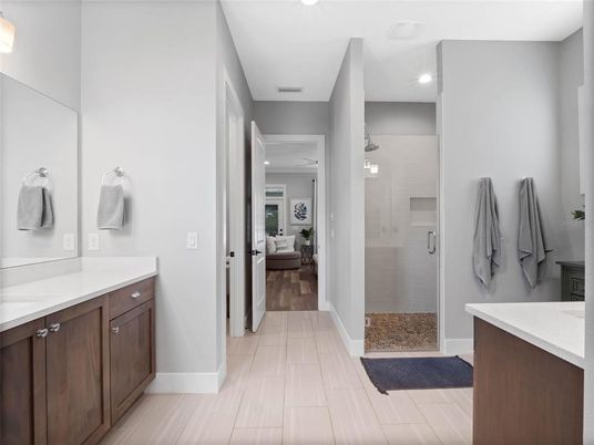 Bathroom, Interior, Pendant Lights, Recessed Lighting, Wood Texture Flooring