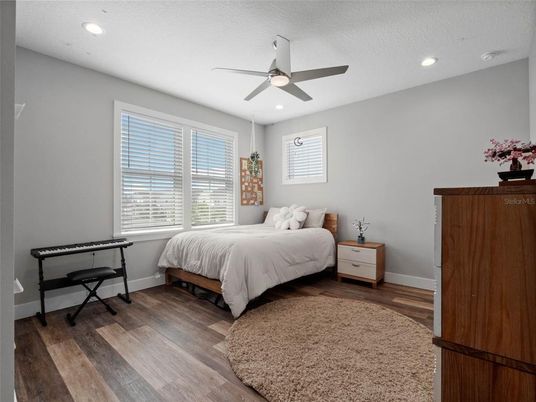 Bedroom, Interior, Recessed Lighting, Wood Texture Flooring
