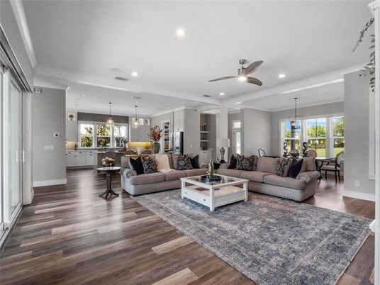 Dining room, Interior, Living room, Pendant Lights, Recessed Lighting, Wood Texture Flooring