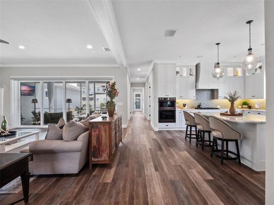 Interior, Kitchen, Living room, Pendant Lights, Recessed Lighting, Stainless Steel Appliances, Wood Texture Flooring