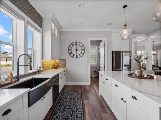Interior, Kitchen, Pendant Lights, Recessed Lighting, Stainless Steel Appliances, Wood Texture Flooring